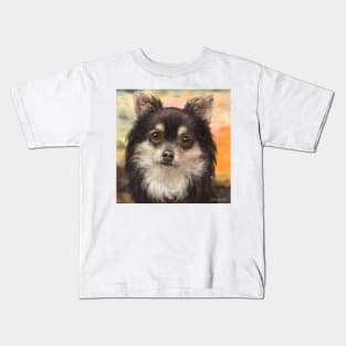 Cute Furry Brown and White Chihuahua on Orange Background Kids T-Shirt